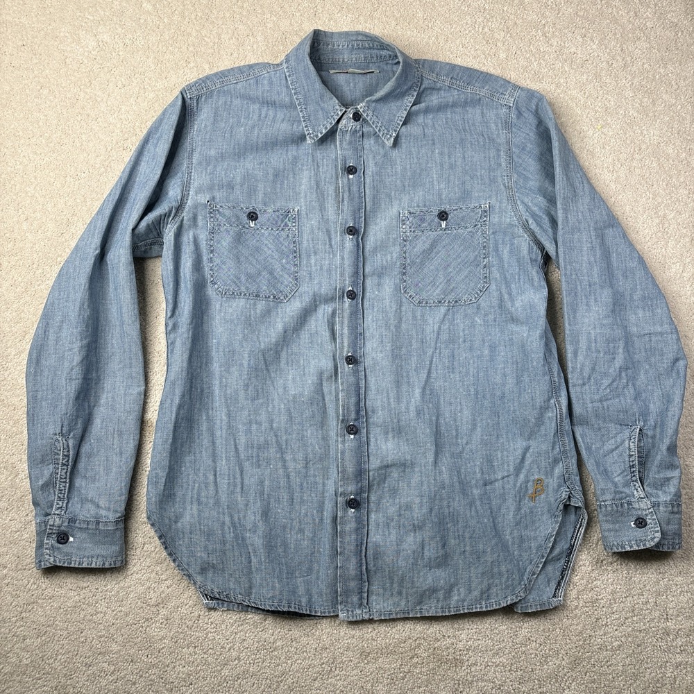 Birdwell Shirt‎ Men's Small Blue Chambray Denim Long Sleeve Made USA Distressed